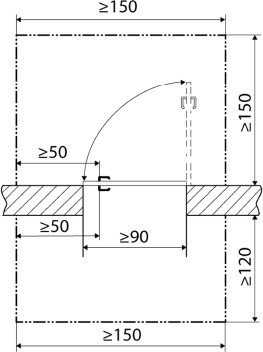 Freie Bewegungsfl�che sowie seitliche Anfahrbarkeit vor Drehfl�gelt�ren im Fluchtweg (Ma�e in cm)