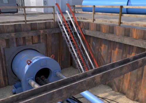 Abb. 135 Unbemannte Rohrvortriebsarbeiten, Baugrube mit Treppenzugang