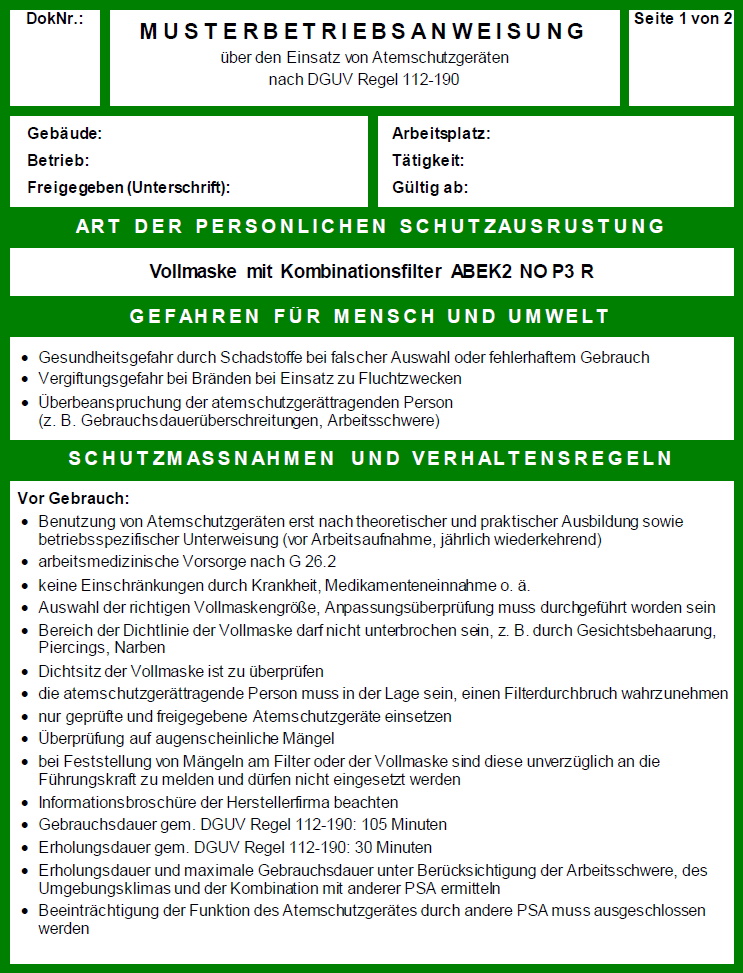 Musterbetriebsanweisung ber den Einsatz von Atemschutzgerten nach DGUV Regel 112-190 Seite 1