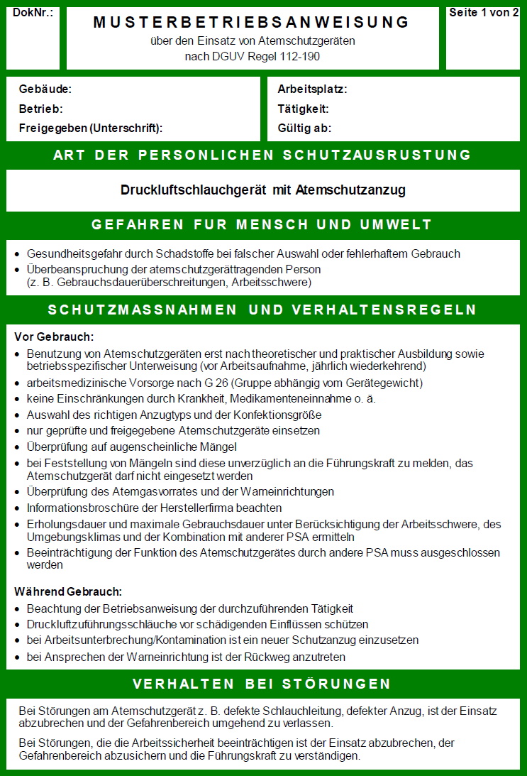 Musterbetriebsanweisung ber den Einsatz von Atemschutzgerten nach DGUV Regel 112-190 Seite 1