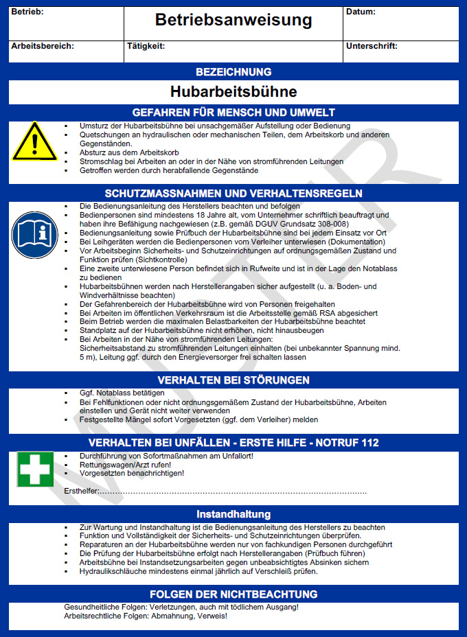 Betriebsanweisung Hubarbeitsb�hne