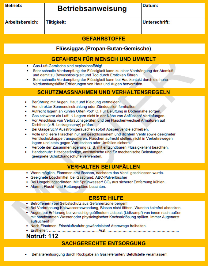 Betriebsanweisung Verwenden von Fl�ssiggas