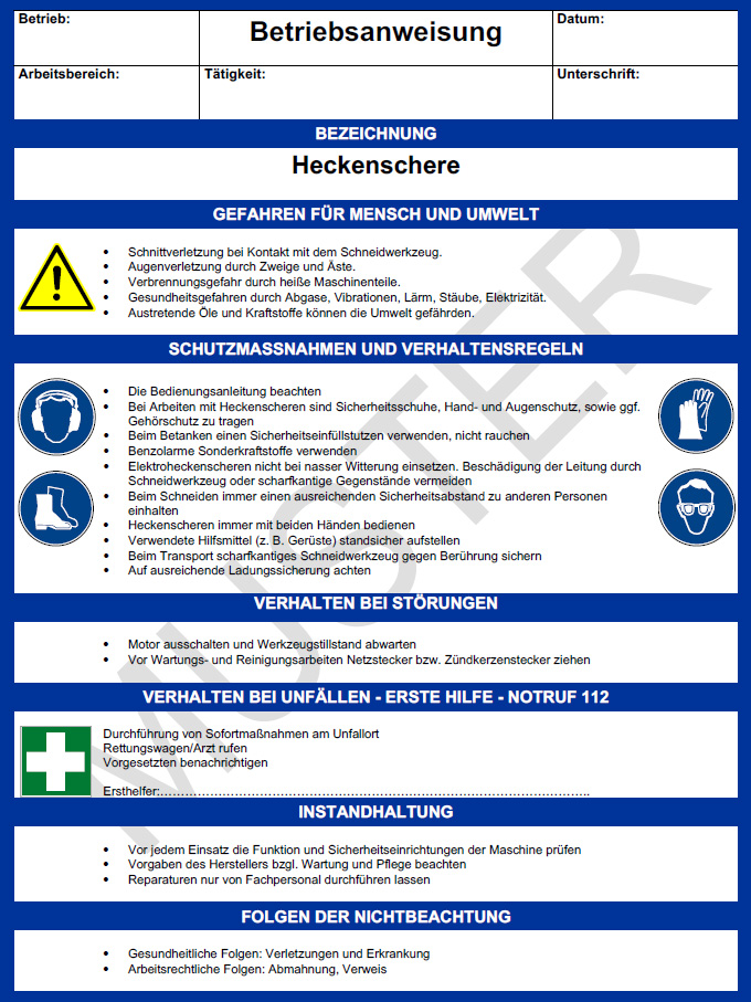 Betriebsanweisung Heckenschere
