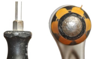 Abb. 26 links: Sechskant an der Klinge des Schraubendrehers; rechts: Schlagkopf am Griffende