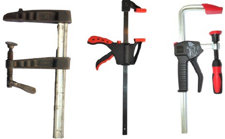 Abb. 60 links Schraubzwinge mit Knebel, Mitte Einhandzwinge, rechts Einhandzwinge mit Spindel