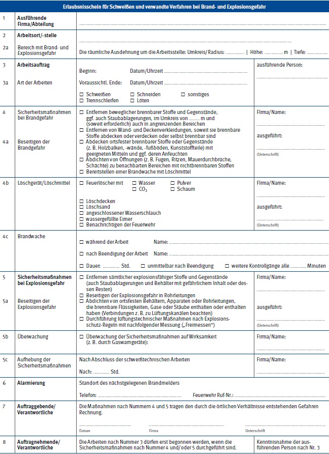 Erlaubsnisschein fr Schweien und verwandte Verfahren bei Brand- und Explosionsgefahr