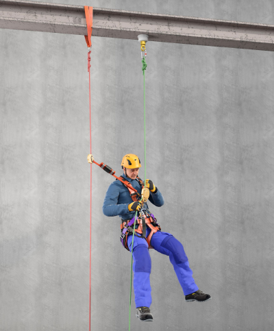 Abb. 1  Unabhängig voneinander angeschlagenes Tragseil (hier grün) und Sicherungsseil (hier rot).