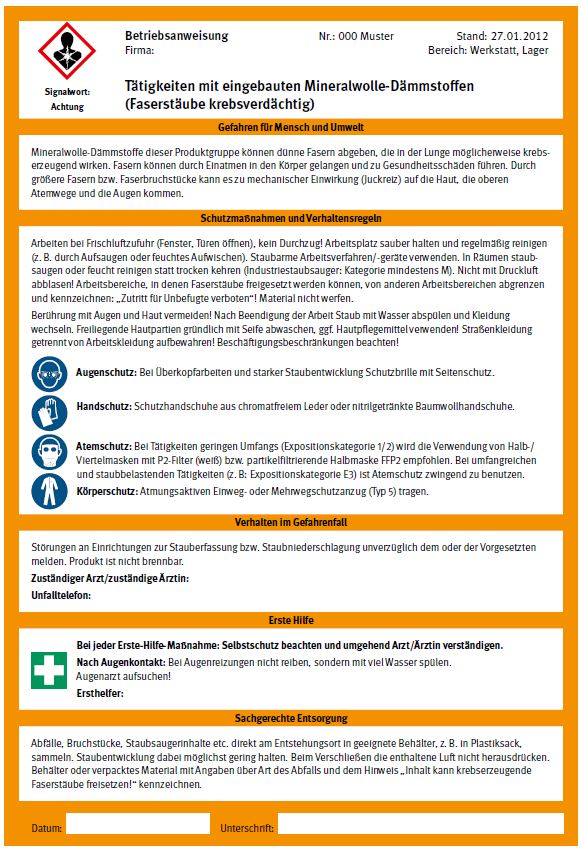 Dguv Information 213 031 Tatigkeiten Mit Mineralwolle Dammstoffen Glaswolle Steinwolle Anhang Ii Betriebsanweisung Muster