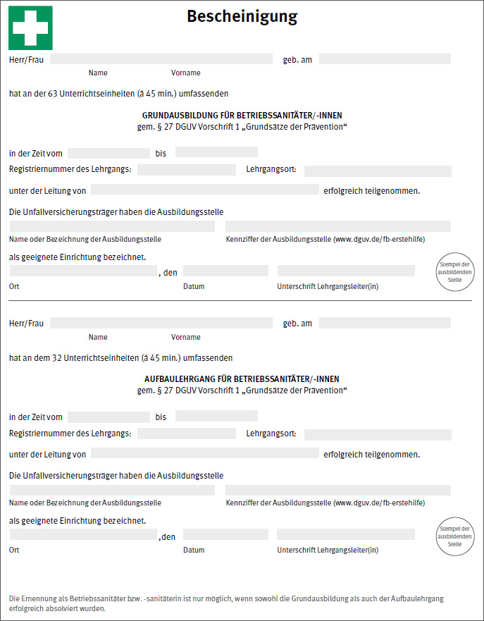 Muster einer Bescheinigung fr die Teilnahme an Fortbildungen
fr Betriebssanitter