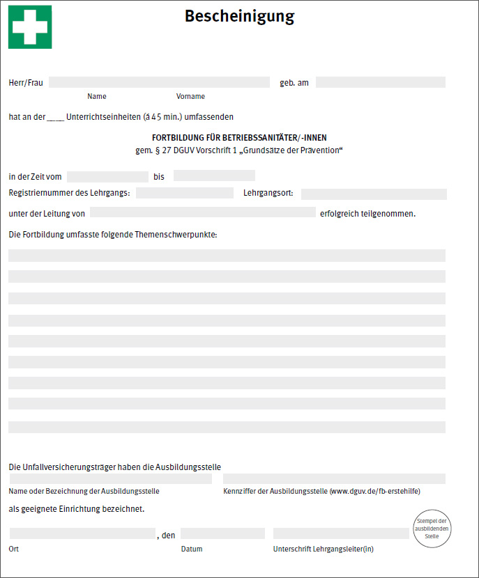 Muster einer Bescheinigung fr die Teilnahme an Fortbildungen
fr Betriebssanitter