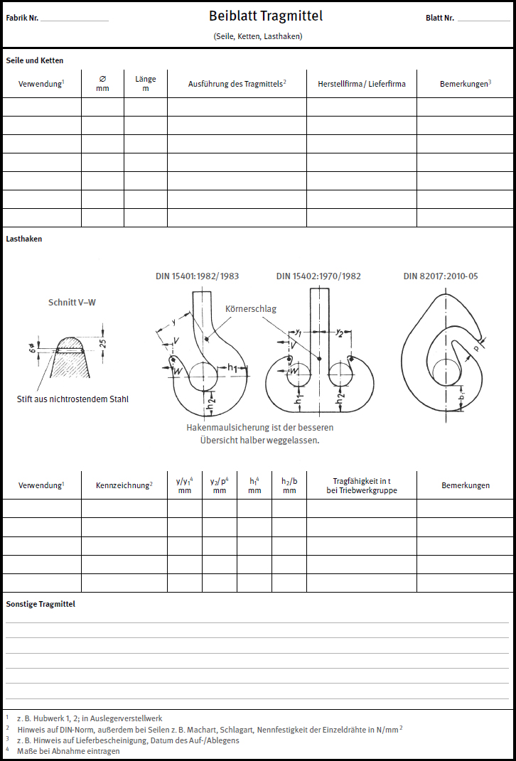 Beiblatt Tragmittel (Seile, Ketten, Lasthaken)