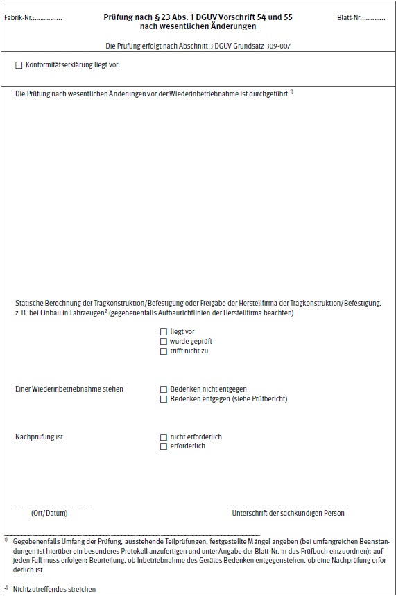 Formular: Prfung nach  23 Abs. 1 DGUV Vorschrift 54 und 55 nach wesentlichen nderungen