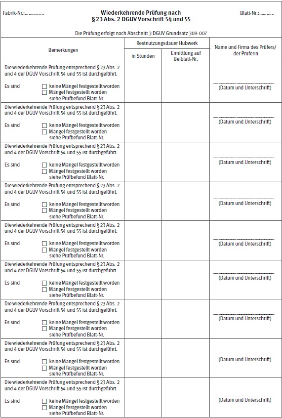 Formular: Prfbuch fr Winden, Hub- und Zuggerte, Nachweis der wiederkehrenden Prfungen (bersicht)