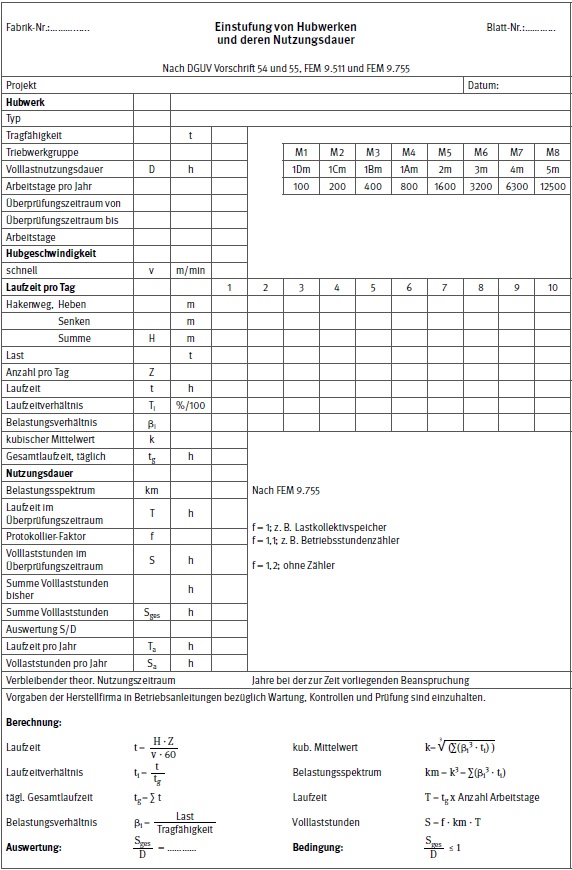 Formular: Prfbuch fr Winden, Hub- und Zuggerte, Nachweis der Einstufung von Hubwerken und deren Lebensdauer