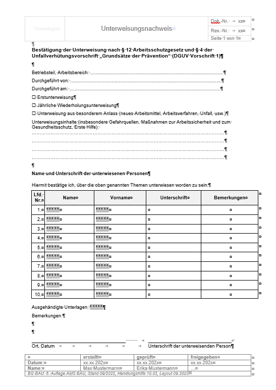 Gefahrstoffe, Unterweisungsformular